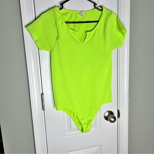 Paper & Tee Neon Highlighter Vibrant Green 2X/3X Plus Ribbed Stretch Bodysuit
